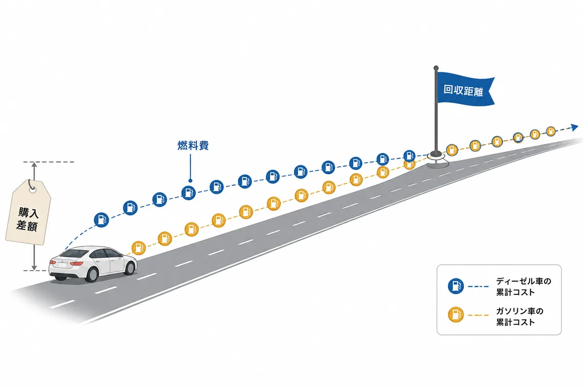 購入価格差と燃料費の累計差が交わる回収距離のイメージ図
