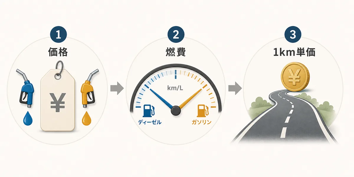 価格、燃費、1km単価の順に軽油車とガソリン車を比較する計算フロー