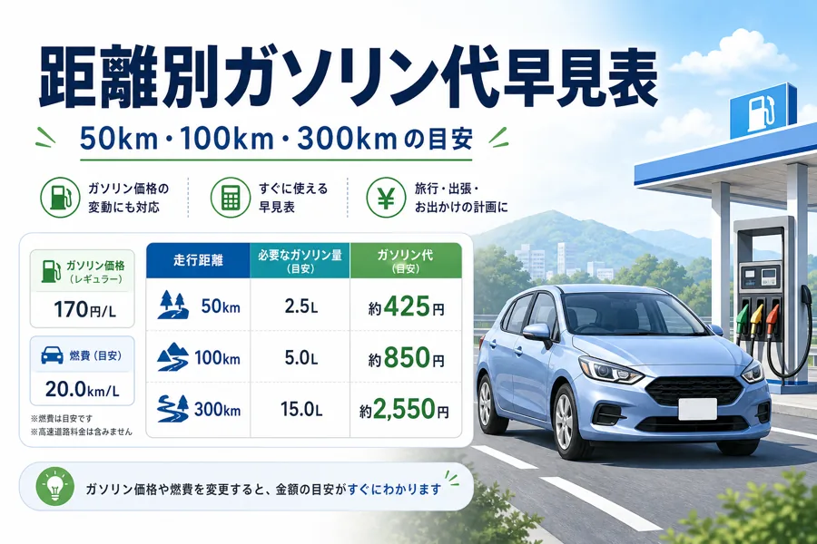 距離別ガソリン代早見表を表す車、ガソリンスタンド、費用表のイラスト