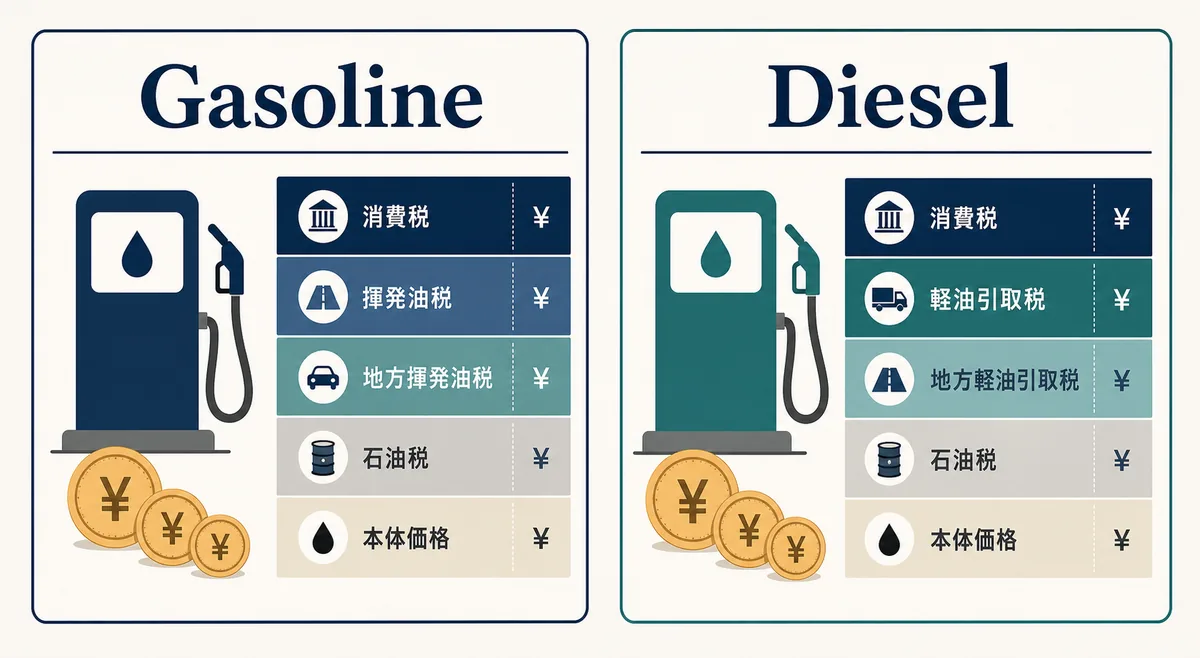 ガソリンと軽油で消費税の課税対象が異なる点を比較する図
