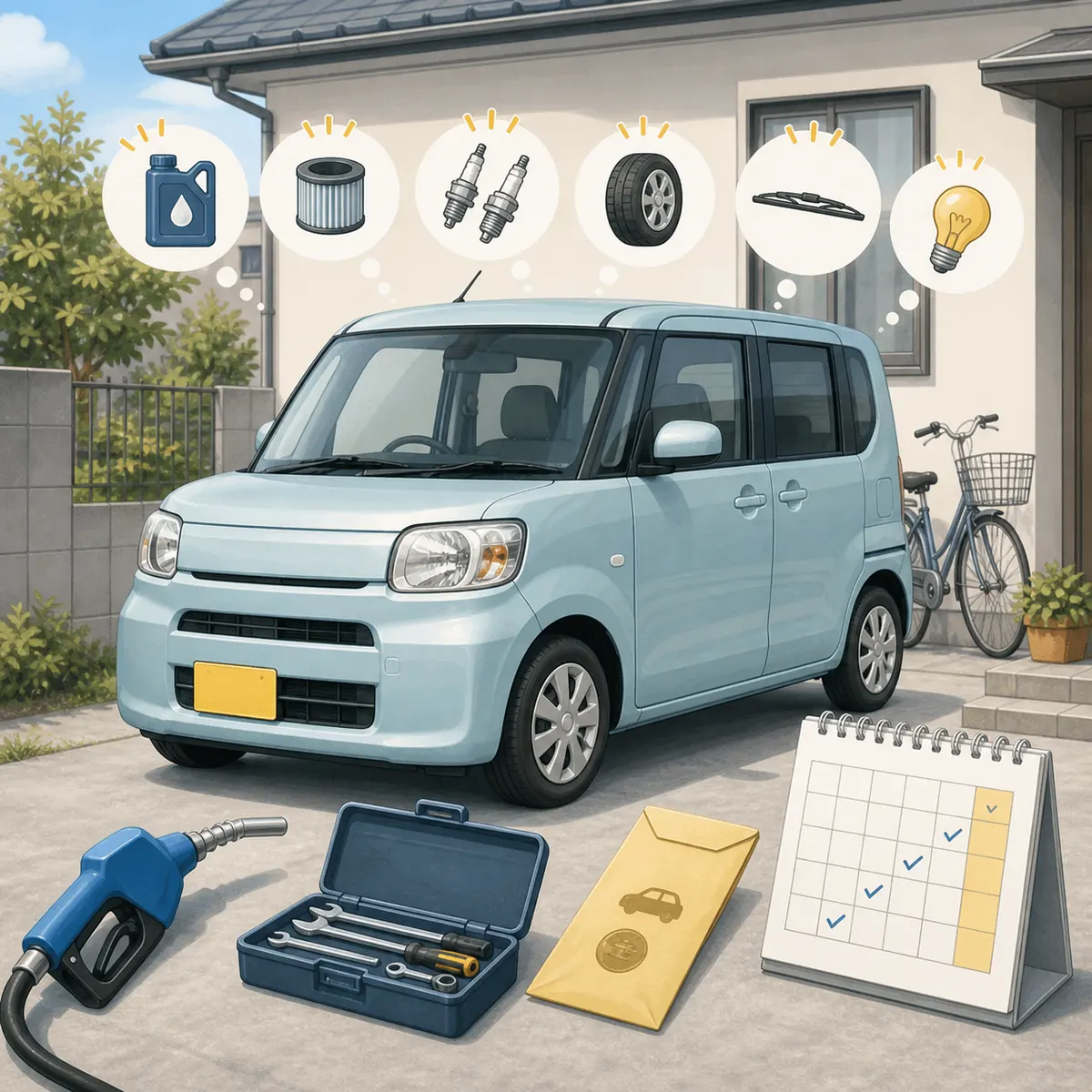 軽自動車の年間維持費を税金、燃料、保険、車検、駐車場に分けて考える編集イラスト