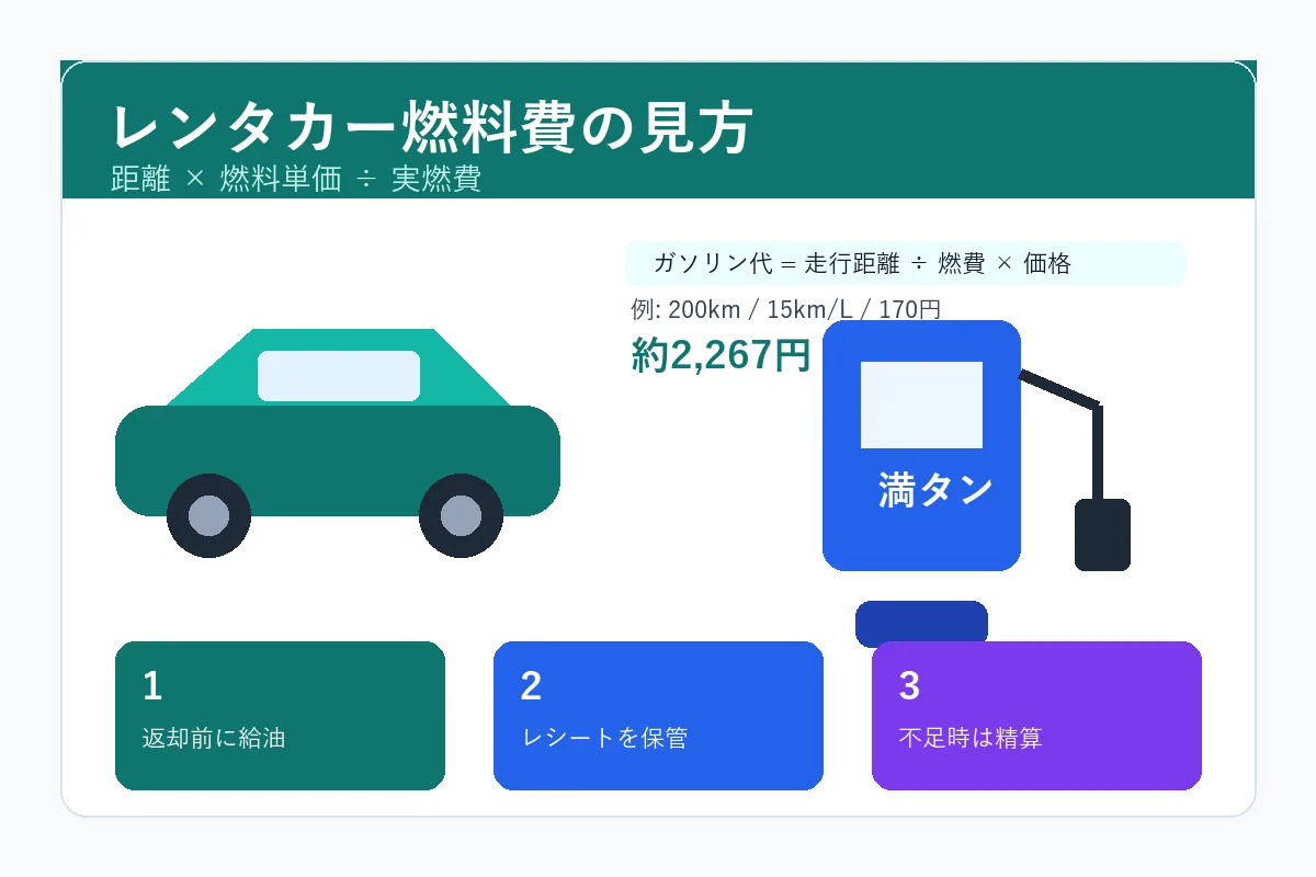 レンタカーのガソリン代と満タン返しの流れを示す図