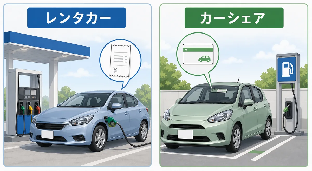 タイムズカーレンタルとタイムズカーシェアのガソリン代ルールの違いを示す比較イラスト