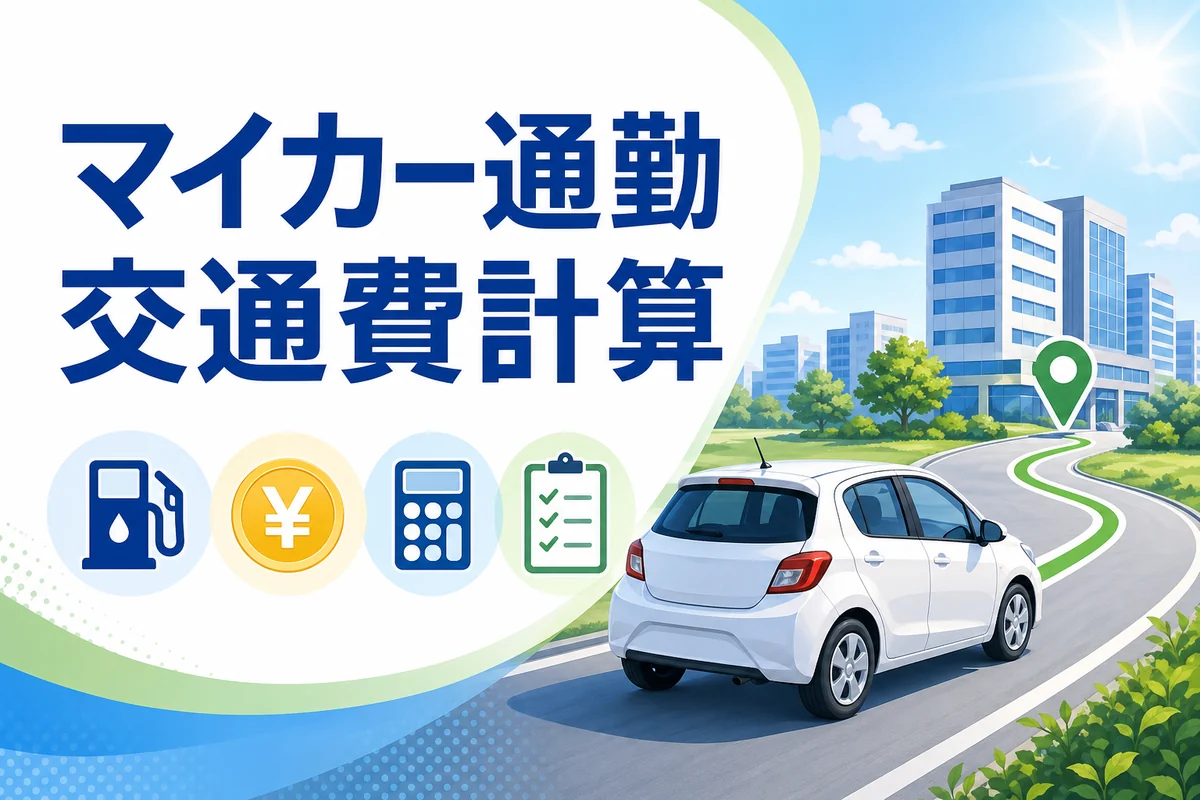 マイカー通勤の交通費計算を表す車、ガソリン代、通勤手当のイラスト
