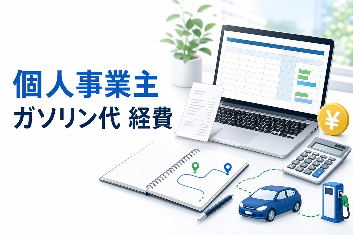 個人事業主のガソリン代経費を表す帳簿、領収書、車、ガソリンスタンドのイラスト