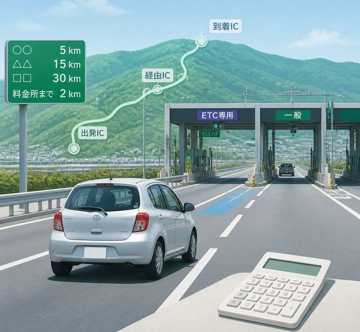 高速道路の料金検索、ETCレーン、車と計算機を描いた高速道路料金計算のイメージ
